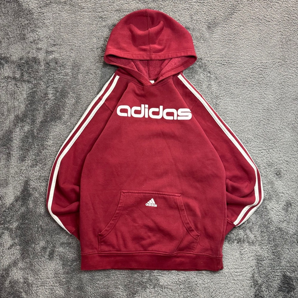 VTG Adidas Pullover Hoodie Burgundy Red White Spellout Logo 3 Stripe Fits Small